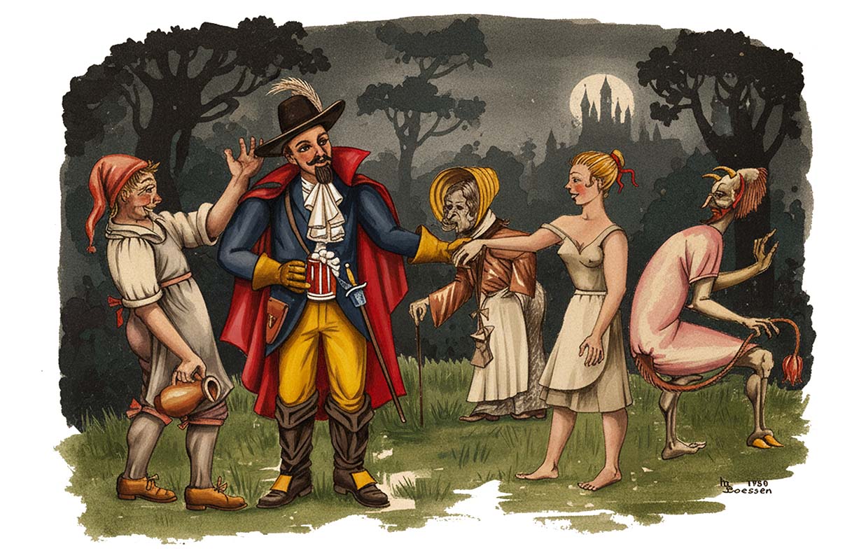 Illustratie van Schinderhannes en andere figuren in een bos