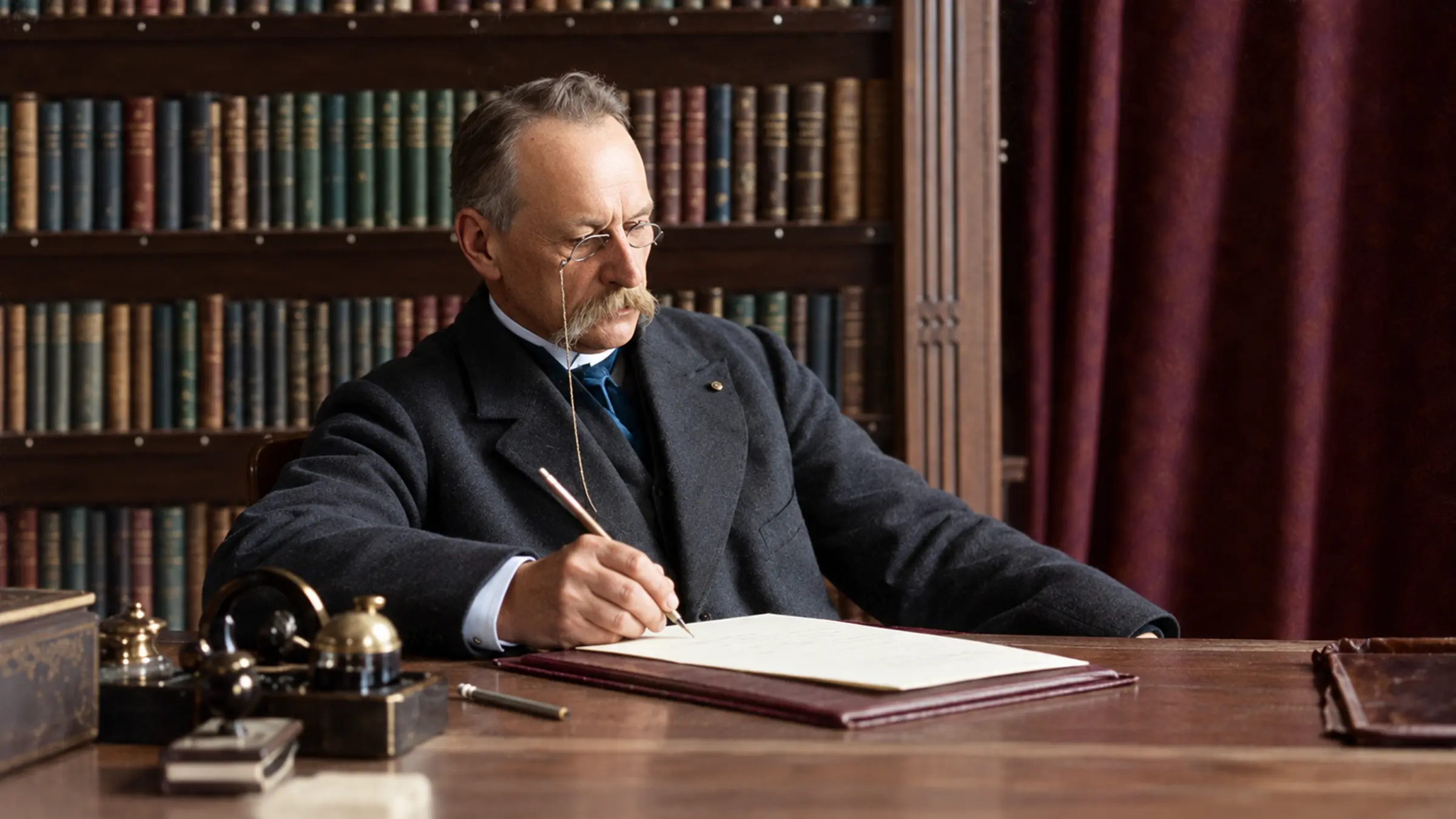 Man in historische kleding schrijft aan een bureau