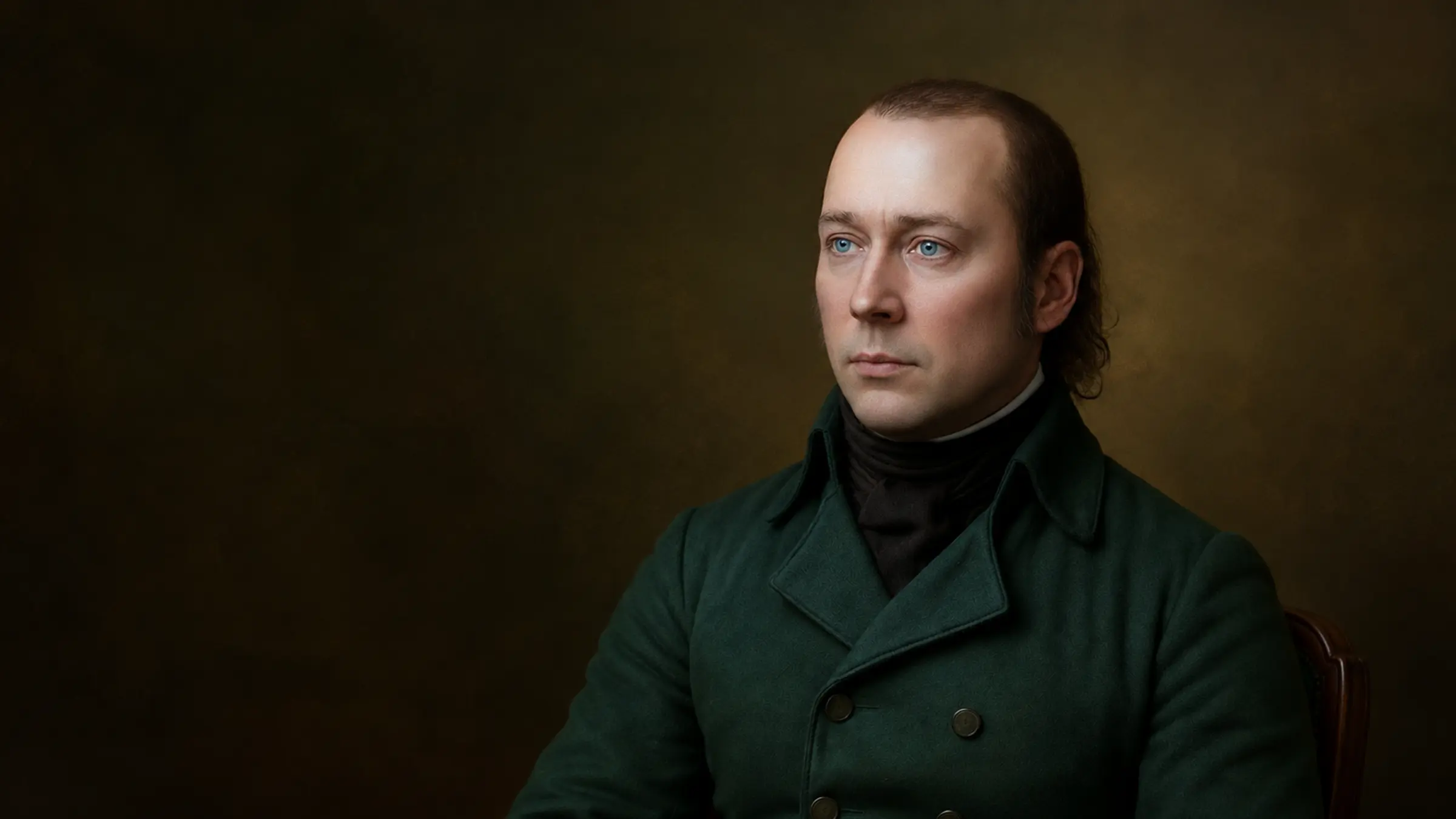 Portret van een man in historische kleding tegen een donkere achtergrond